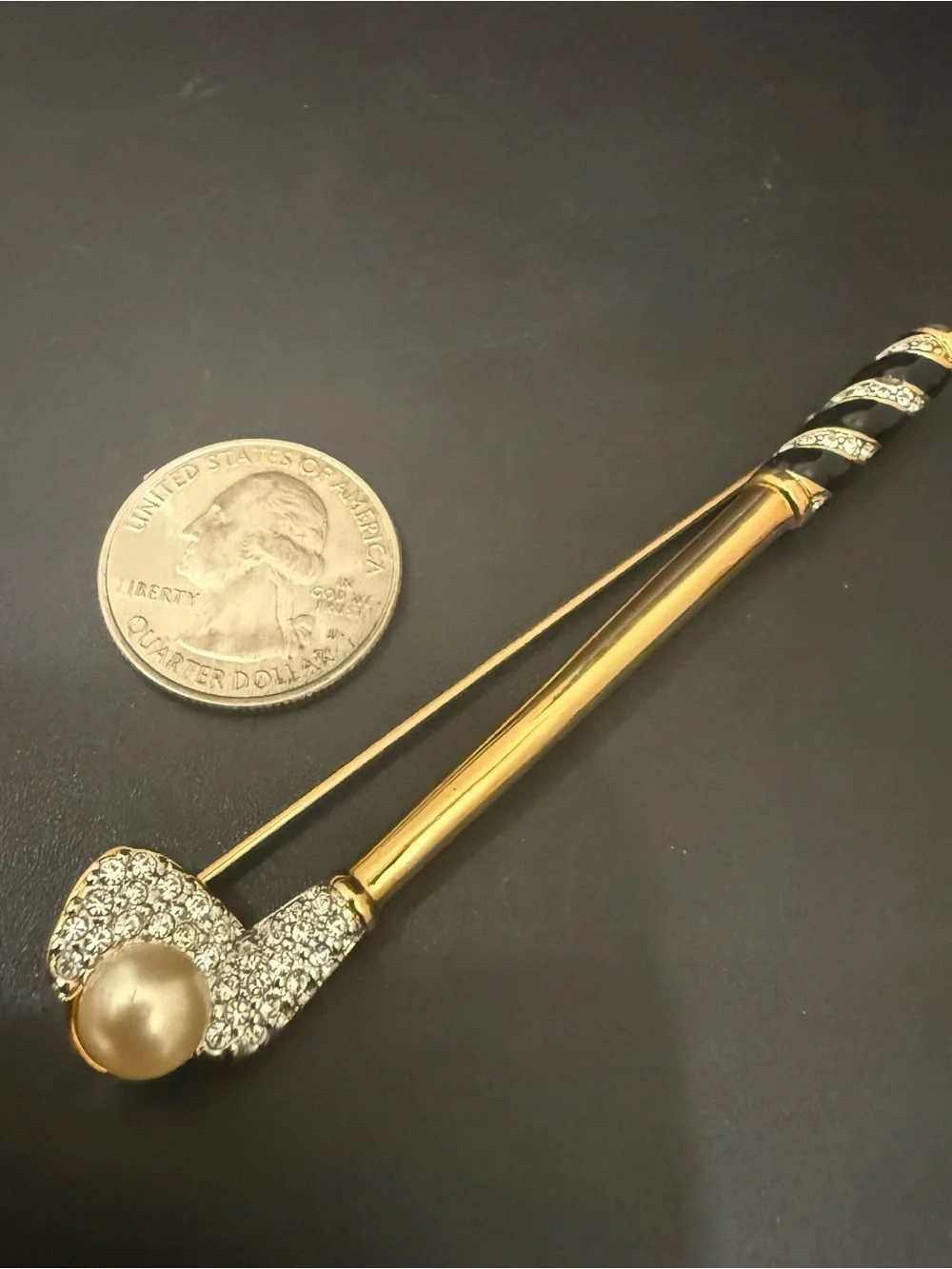 Vintage Retired SWAROVSKI Swan Signed Pave Crystal Faux Pearl Golf Club Brooch